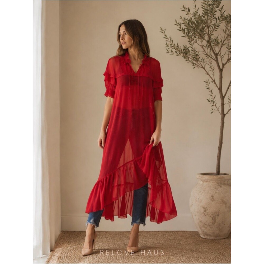 Sandro Paris Joy Rouge Écarlat Ruffled Midi Dress Red Sheer Romantic 38- US 6